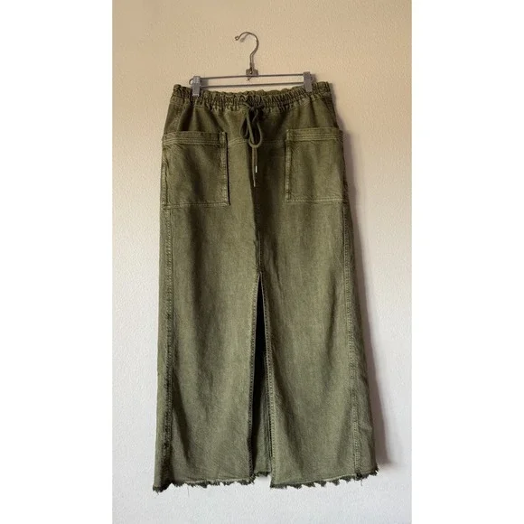Free People Size XS Woke Up Like This Maxi Denim Skirt Slit Moss Green Boho - Picture 1 of 8
